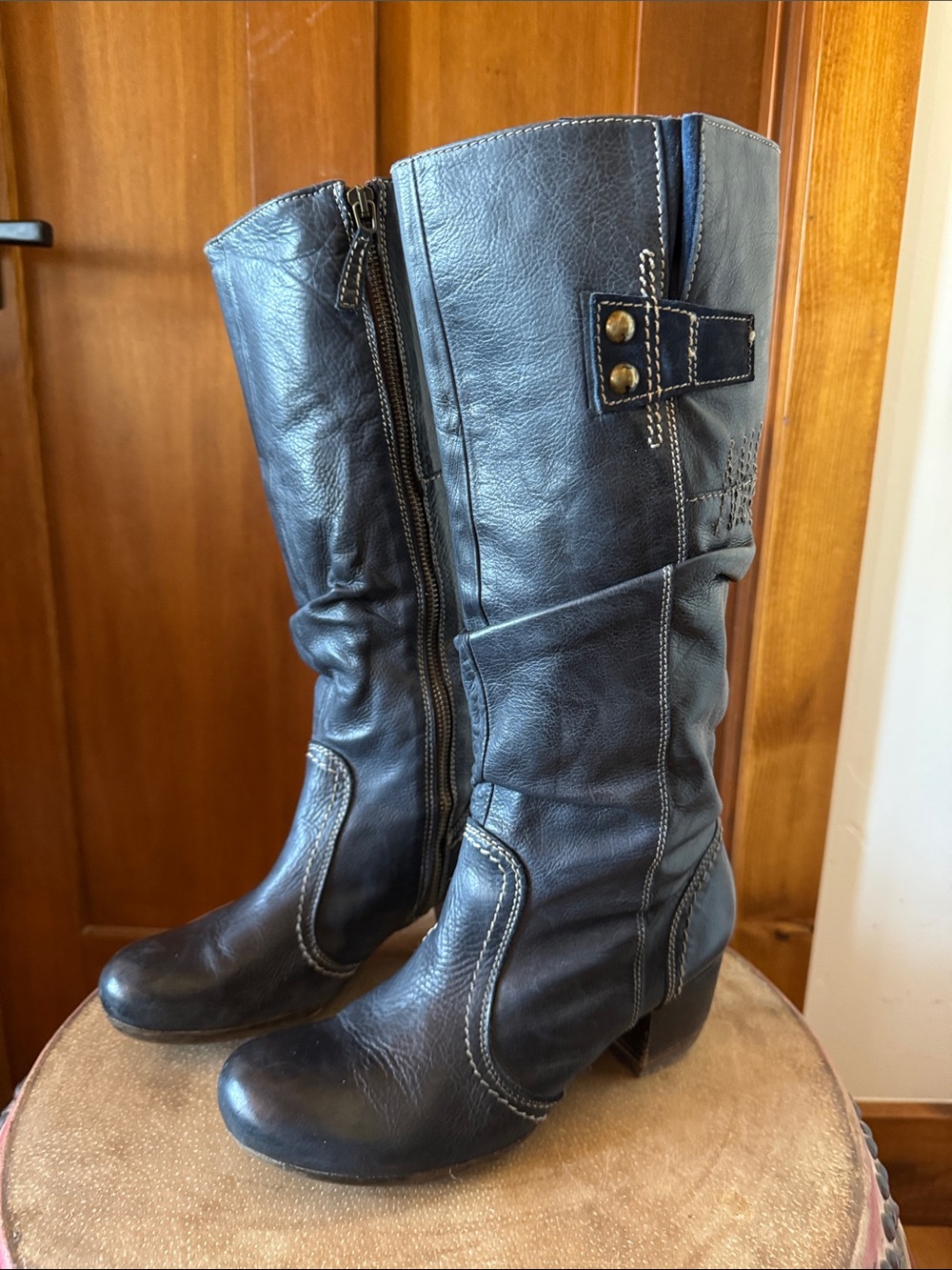 Women's Navy Blue Leather Heeled Boots